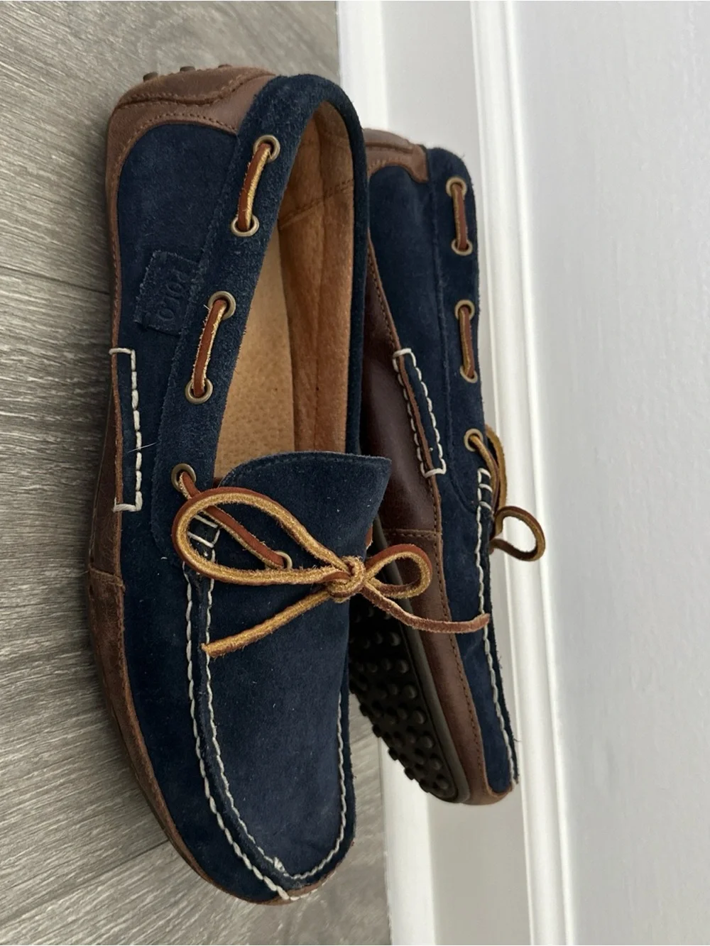 Polo by Ralph Lauren Navy Suede Moccasin Loafers with Brown Leather Laces sz 9D